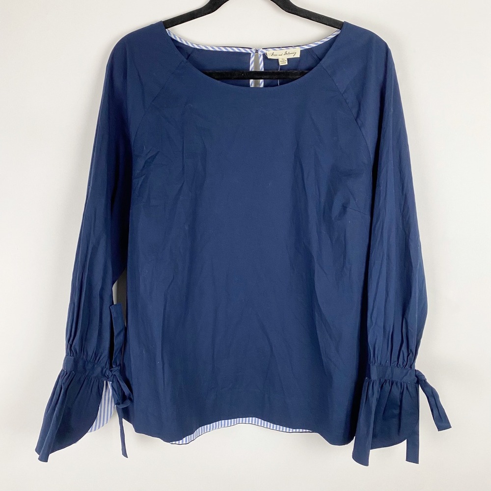 June and Delancey Navy Blue Striped Trim Tie‎ Sleeve Poplin Blouse Womens XL NWT